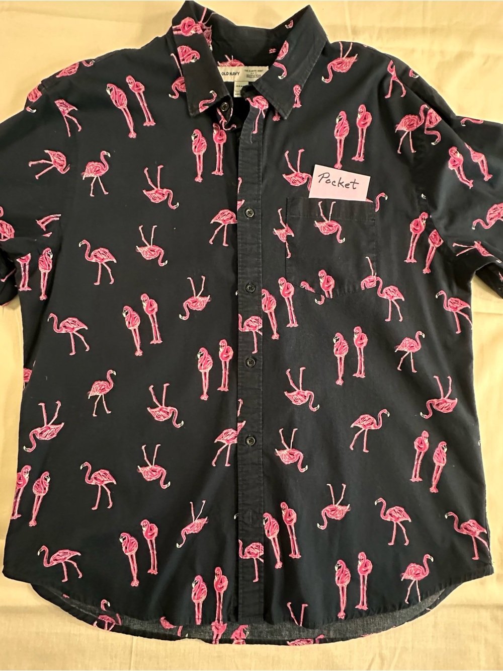 Old Navy Navy Button-Down Shirt with Pink Flamingo Print
